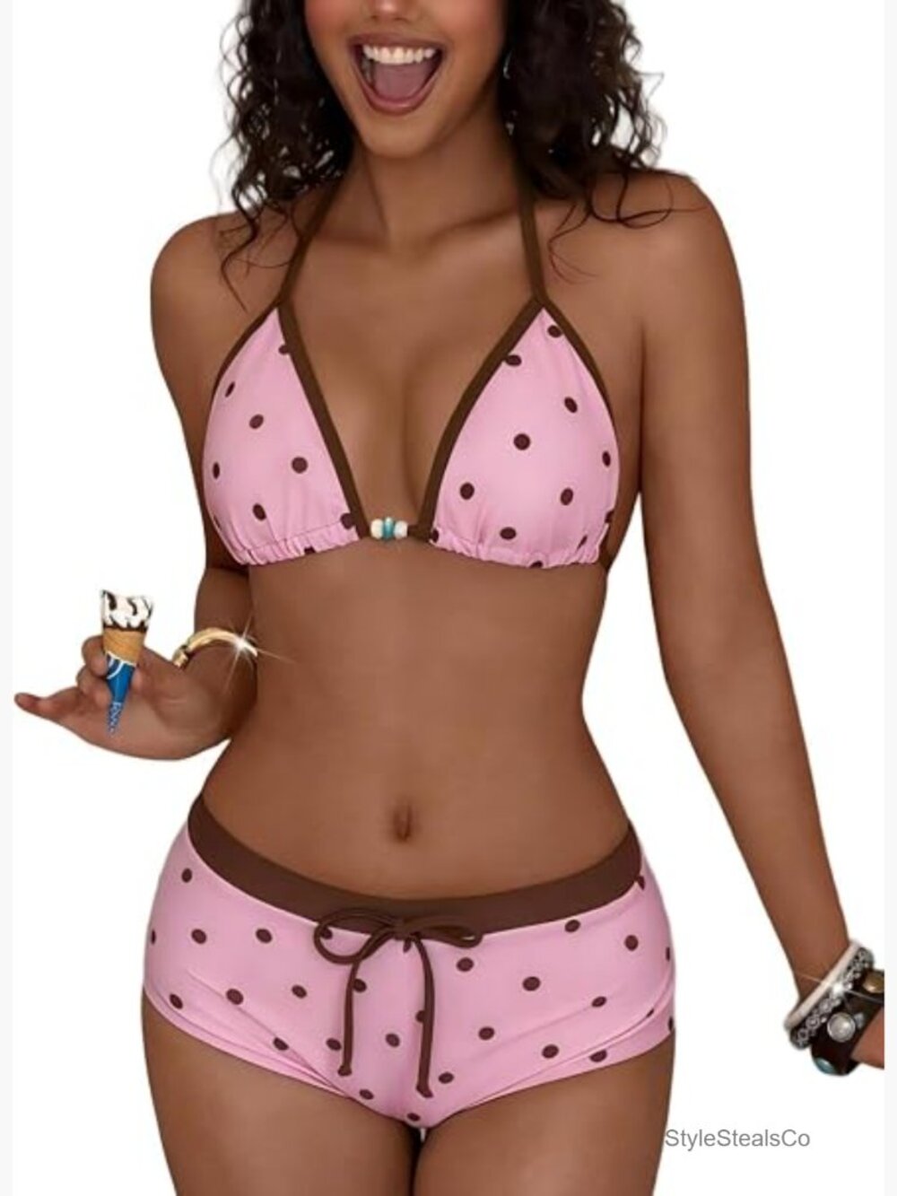 2 Piece Bikini Set Triangle Halter Top Boyshorts Polka Dot Swim Suit - Picture 1 of 6